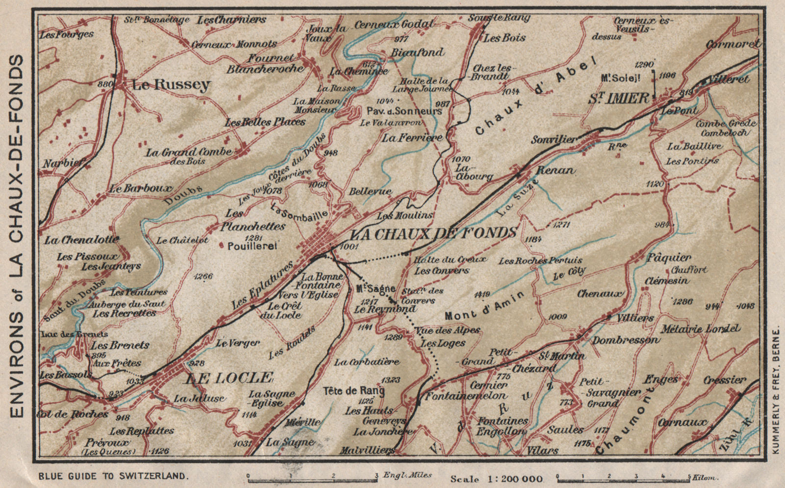 LA CHAUX-DE-FONDS ENVIRONS. Vintage map. Le Locle. St-Imier. Switzerland 1930